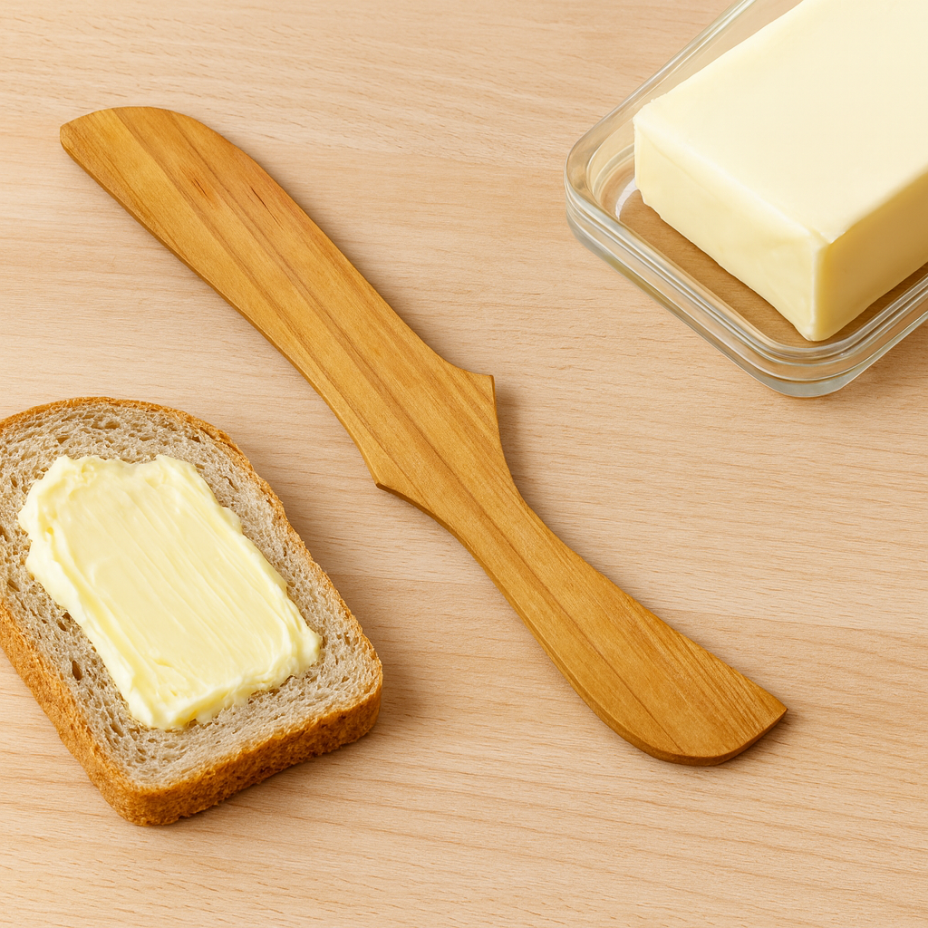 Drewniany nożyk do smarowania masła z czereśniowego drewna leży na jasnym drewnianym blacie obok kromki chleba z masłem i szklanej maselnicy z kostką masła