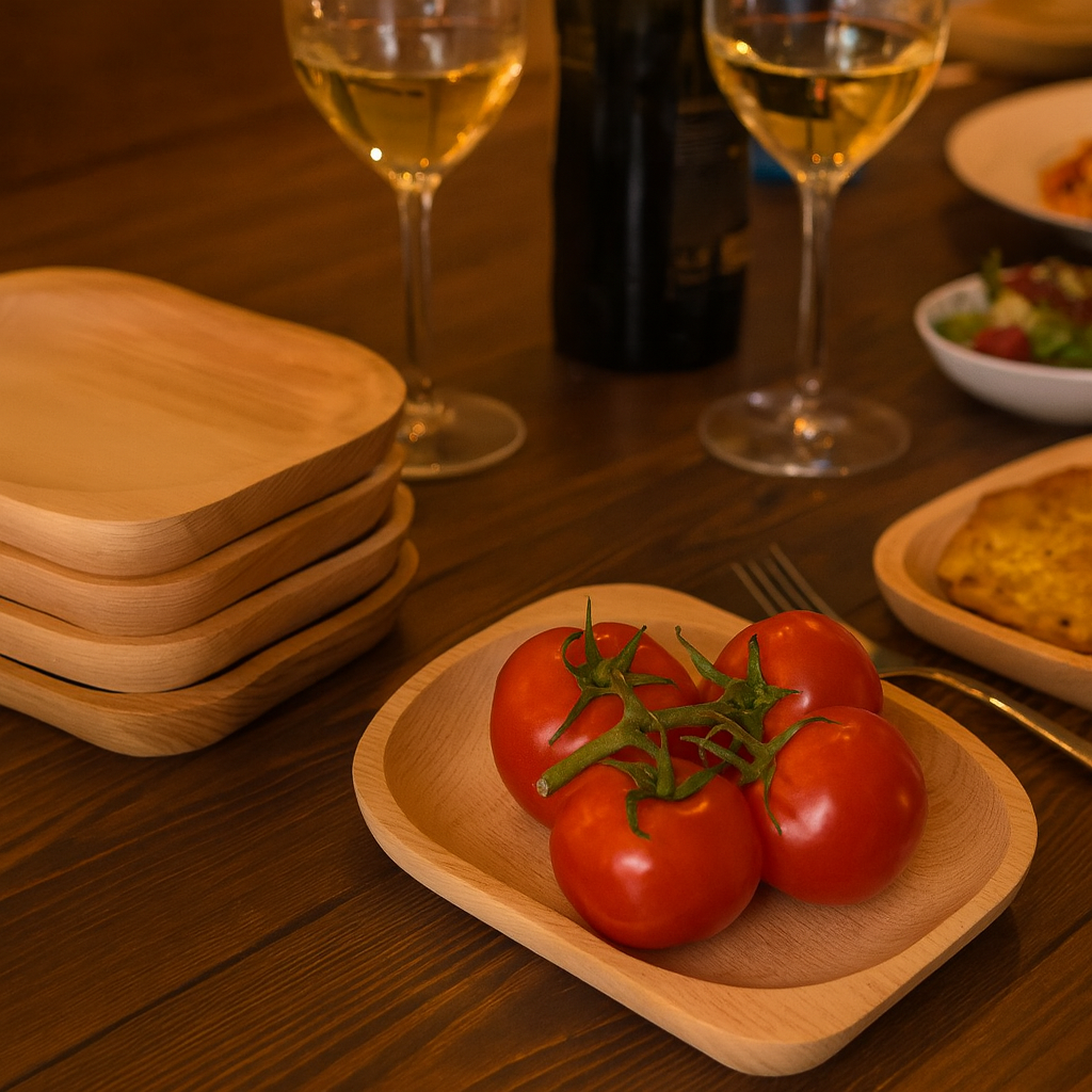 Drewniane talerze podczas biesiady – zestaw naturalnych miseczek z buku ustawionych na stole, obok których znajdują się kieliszki z winem, przekąski i pomidory na gałązce. Naturalne światło i ciepły, rustykalny klimat.