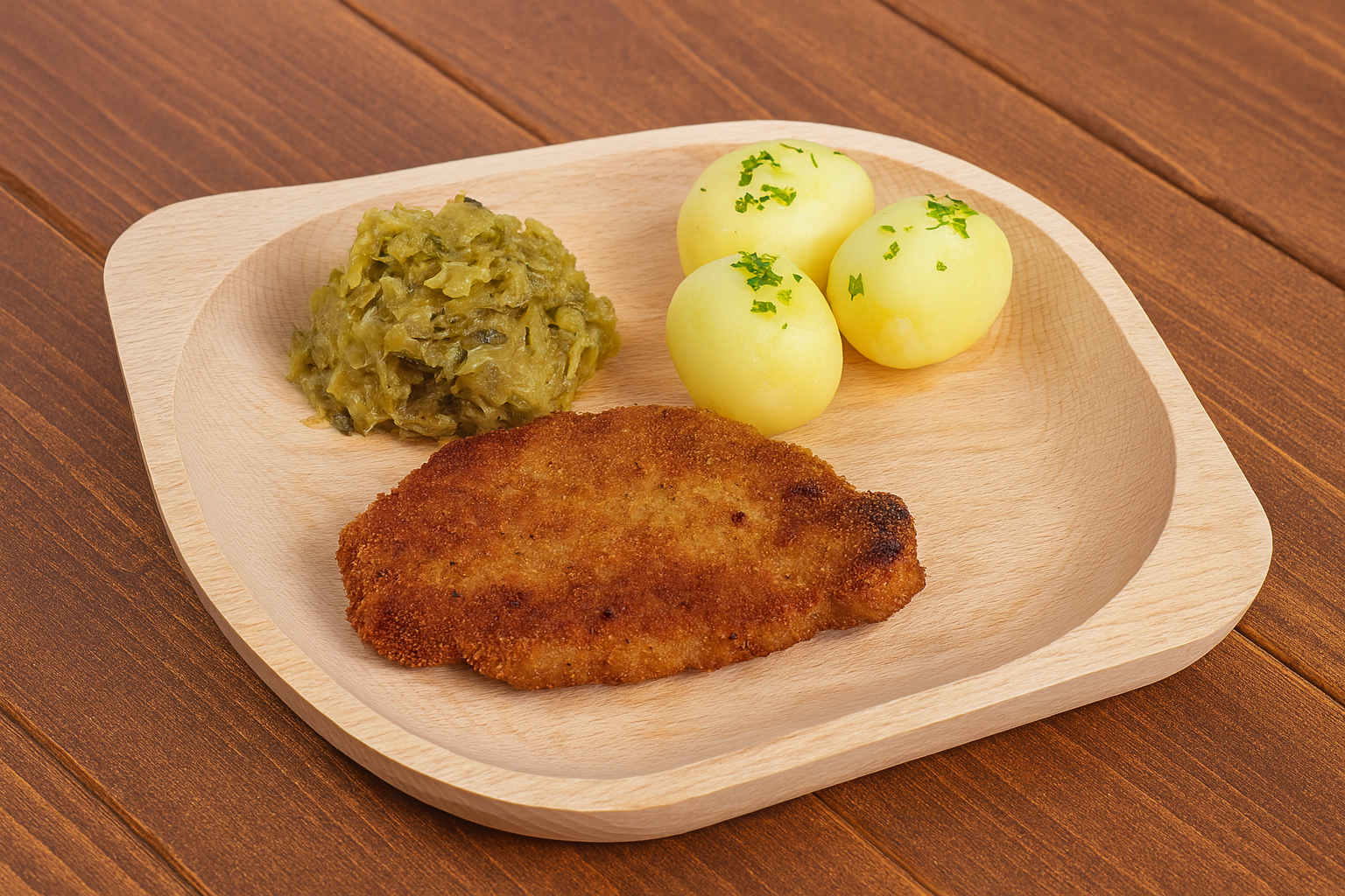 Drewniany talerz z tradycyjnym obiadem – kotlet schabowy, ziemniaki z natką pietruszki i kapusta zasmażana – ustawiony na drewnianym stole w ciepłym świetle.