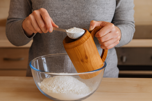 Gospodyni w szarym swetrze odmierza mąkę za pomocą drewnianego kubka czereśniowego nad szklaną miską w kuchni, w ciepłym naturalnym świetle.