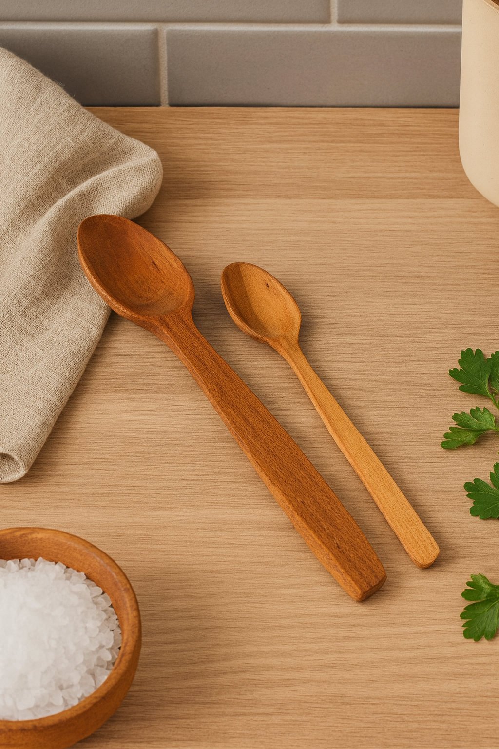 Zestaw dwóch drewnianych łyżek leżących na kuchennym stole z naturalnego drewna. Wokół znajdują się lniana ściereczka, miseczka z solą morską i gałązki świeżej pietruszki