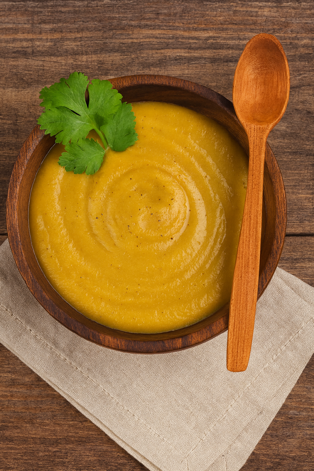 Drewniana łyżka z czereśni leży obok miski z kremową zupą dyniową, udekorowaną listkiem kolendry, na lnianej serwetce i drewnianym stole – naturalna i rustykalna scena kuchni domowej.
