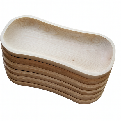 Zestaw 6 Drewnianych Talerzy – Niecka Patera do Serwowania, wykonana z naturalnego drewna bukowego, idealna do podawania przekąsek i dań w rustykalnym stylu.