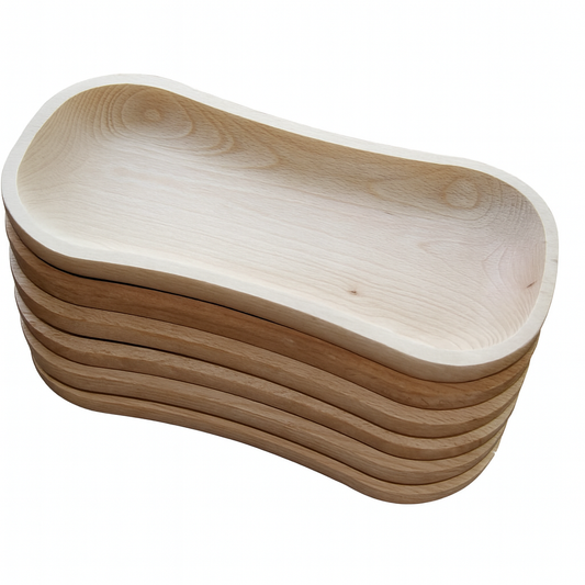 Zestaw 6 Drewnianych Talerzy – Niecka Patera do Serwowania, wykonana z naturalnego drewna bukowego, idealna do podawania przekąsek i dań w rustykalnym stylu.