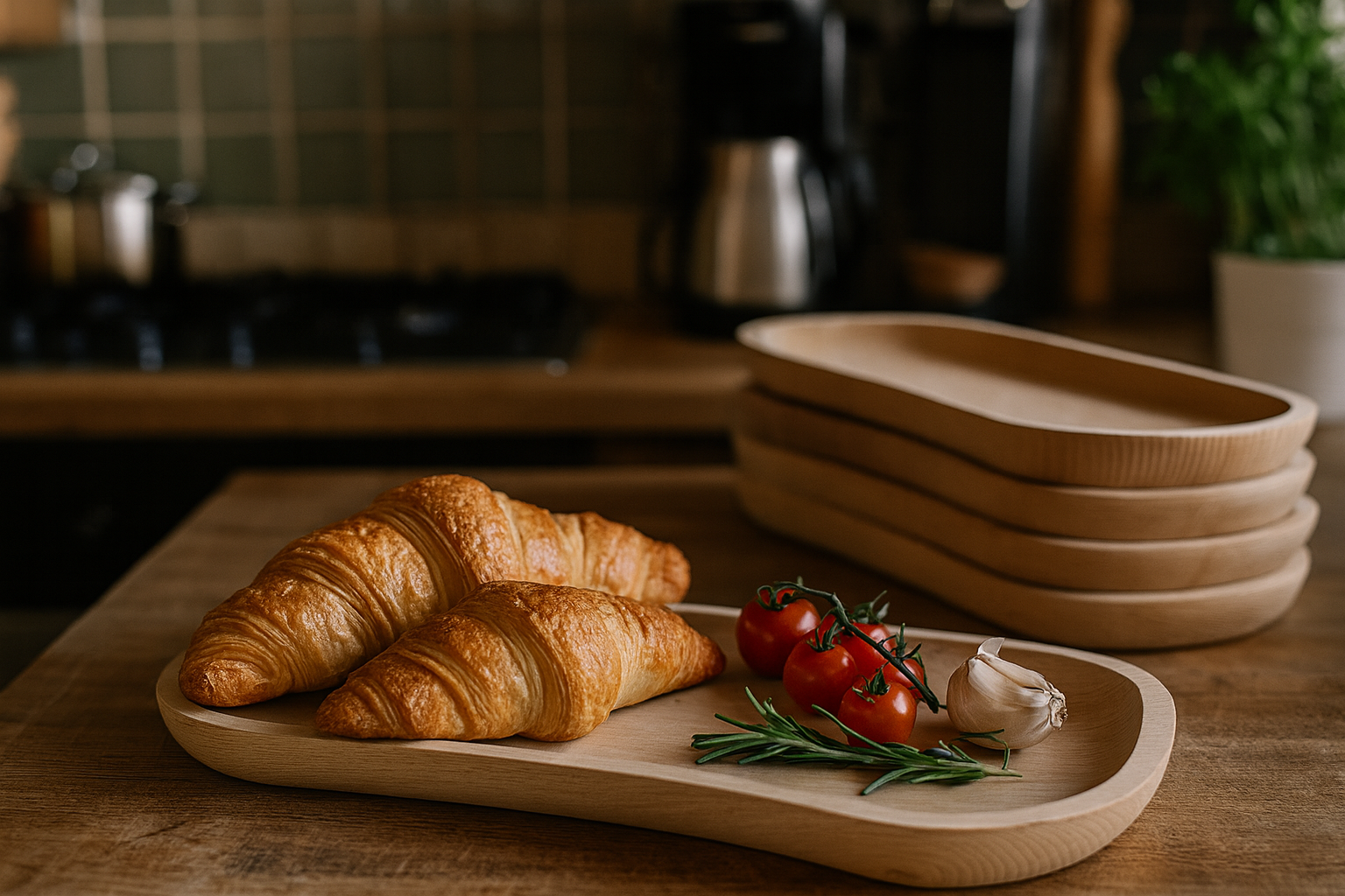 Drewniana podłużna patera z bukowego drewna, na której ułożono dwa chrupiące croissanty, gałązkę pomidorków koktajlowych, ząbek czosnku i świeży rozmaryn. W tle kuchenny blat z zielonymi płytkami i złożonymi paterami w naturalnym świetle.