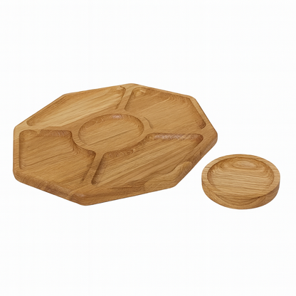 Dębowa deska do serwowania przekąsek z osobną miseczką – elegancki, ośmiokątny zestaw idealny do podawania dipów, sosów i przystawek.