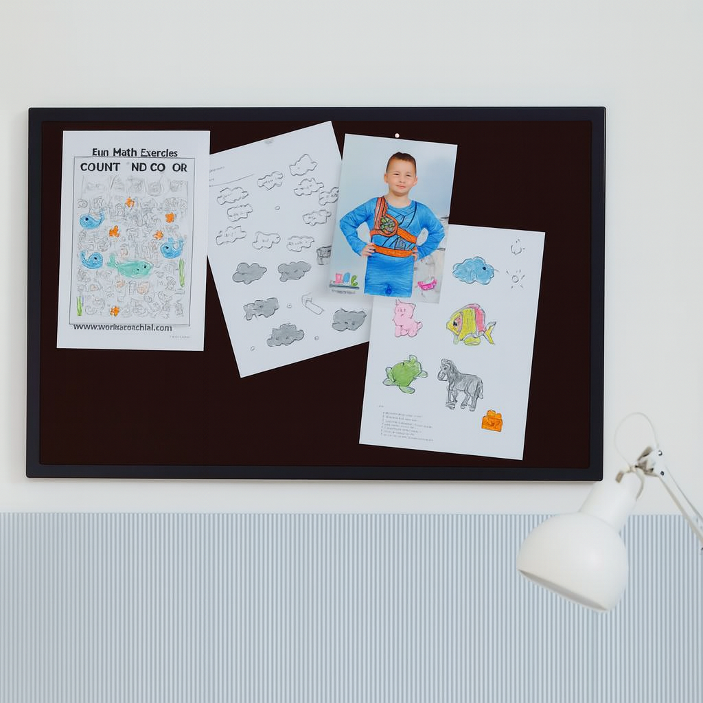 Tablica korkowa na ścianie w paski z przypiętymi kolorowymi rysunkami dziecięcymi i zdjęciem dziecka, obok biała lampka biurkowa — idealna dekoracja do pokoju ucznia.