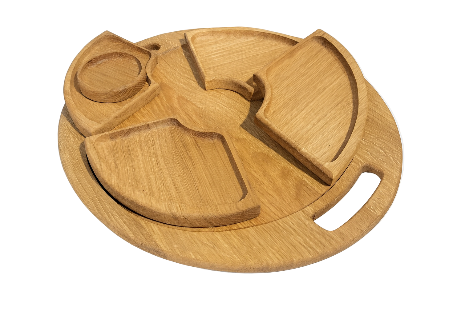 Dębowa deska do serwowania z wyjmowanymi przegródkami – elegancki zestaw do podawania przekąsek, dipów i przystawek, wykonany z naturalnego drewna o pięknym usłojeniu.