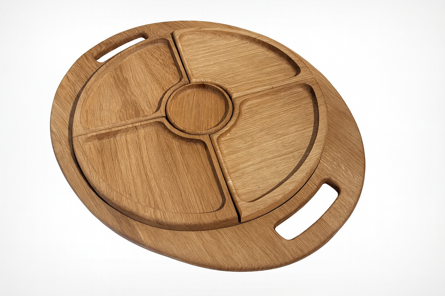 Drewniana deska do serwowania z dębu, okrągła z czterema komorami i uchwytami po bokach, idealna do podawania przekąsek i sosów – elegancki, naturalny styl.