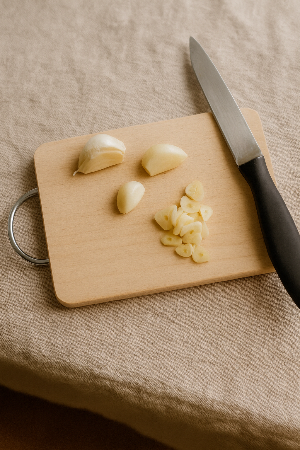 Mała prostokątna deska bukowa o wymiarach 12×18 cm i grubości 1,5 cm z metalowym uchwytem. Na desce leżą krojone ząbki czosnku i nóż kuchenny z czarną rączką. Tło stanowi lniany obrus w jasnym kolorze, a całość oświetlona jest naturalnym, ciepłym światłem dziennym.