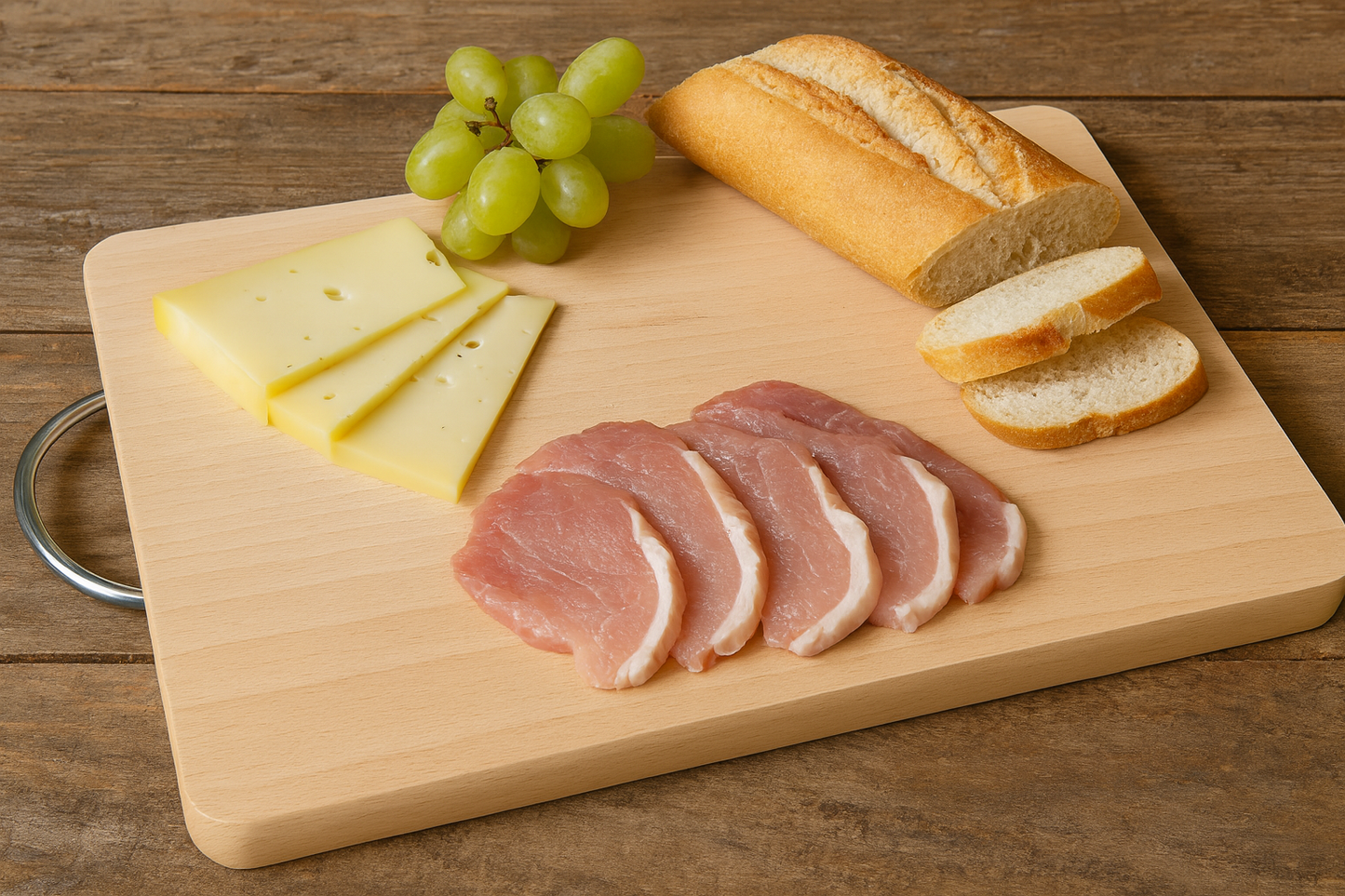 Duża prostokątna deska bukowa o wymiarach 25×35 cm i grubości 1,5 cm z metalowym uchwytem. Na desce ułożone są plasterki sera, winogrona, kilka kromek bagietki i kawałki mięsa. Całość na rustykalnym stole z naturalnego drewna, w ciepłym świetle dziennym.