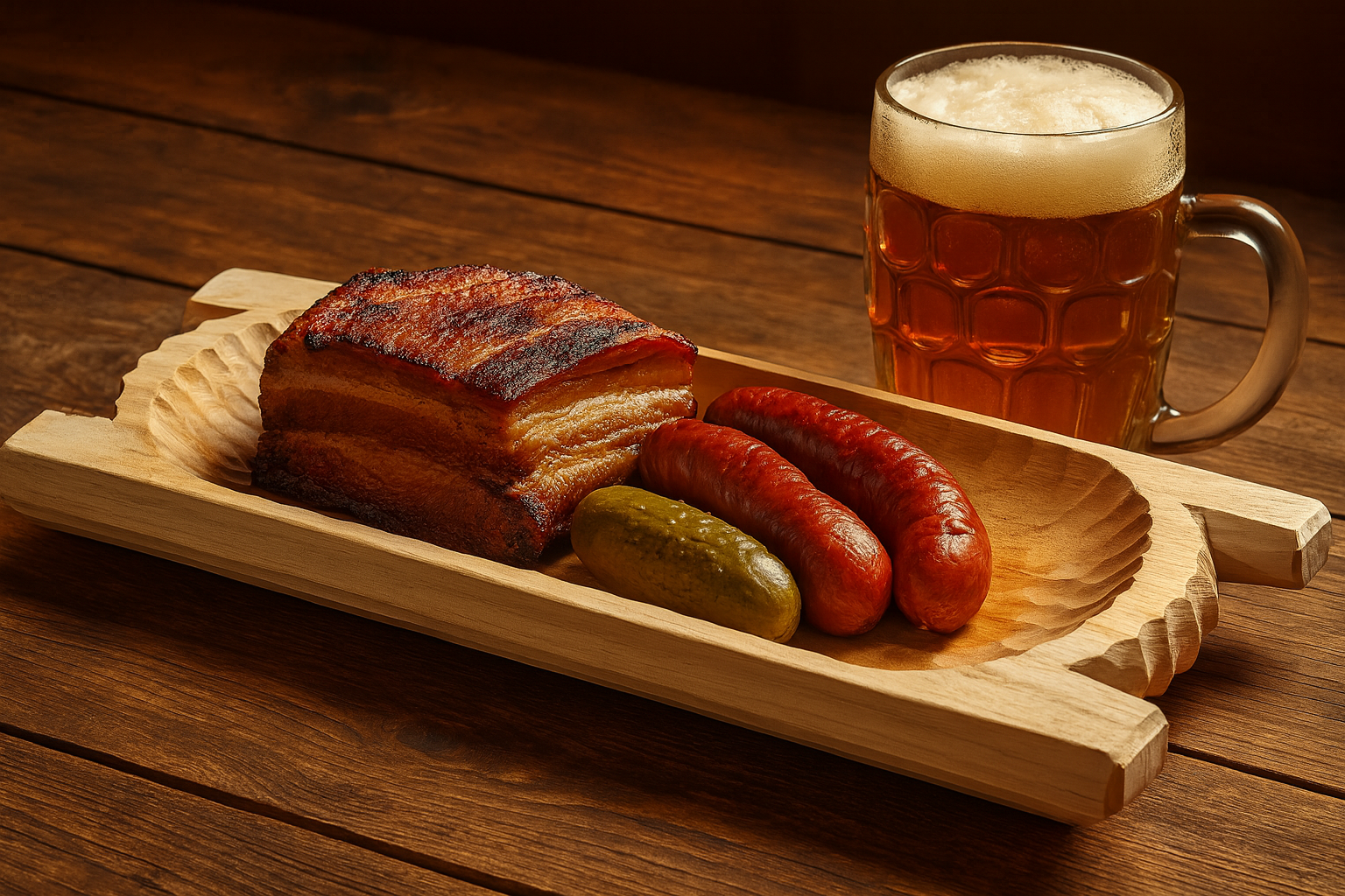 Drewniane koryto o wymiarach 23×40 cm, wypełnione pieczonym boczkiem, kiełbasą i ogórkiem kiszonym, ustawione na drewnianym stole w ciepłym świetle. Obok kufel piwa, scena w stylu karczmowym, rustykalna i apetyczna.