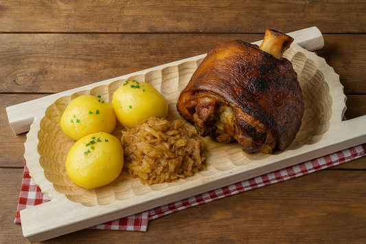 Drewniane koryto o wymiarach 23×50 cm, wypełnione tradycyjnym daniem – golonką, ziemniakami i kapustą zasmażaną. Rustykalna scena karczmowa, drewniany stół i kraciasta serweta w tle, naturalne światło dzienne.