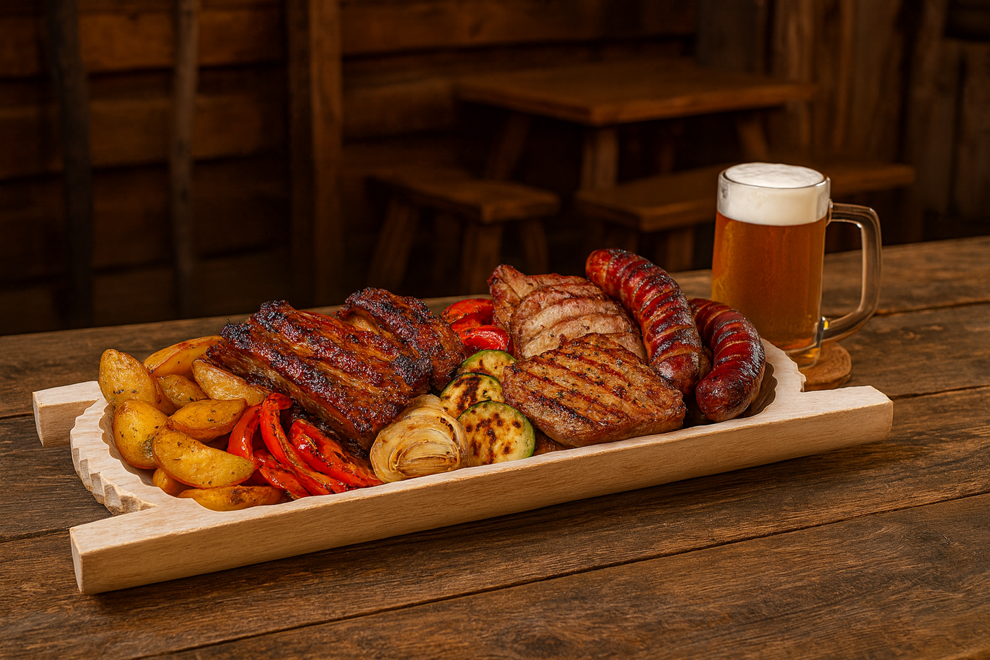 Drewniane koryto do serwowania potraw o wymiarach 33×70 cm, wypełnione grillowanymi żeberkami, karkówką, kiełbasą, pieczonymi ziemniakami i warzywami. Ustawione na drewnianym stole w karczmie, w tle kufel piwa. Ciepłe światło, rustykalny klimat

