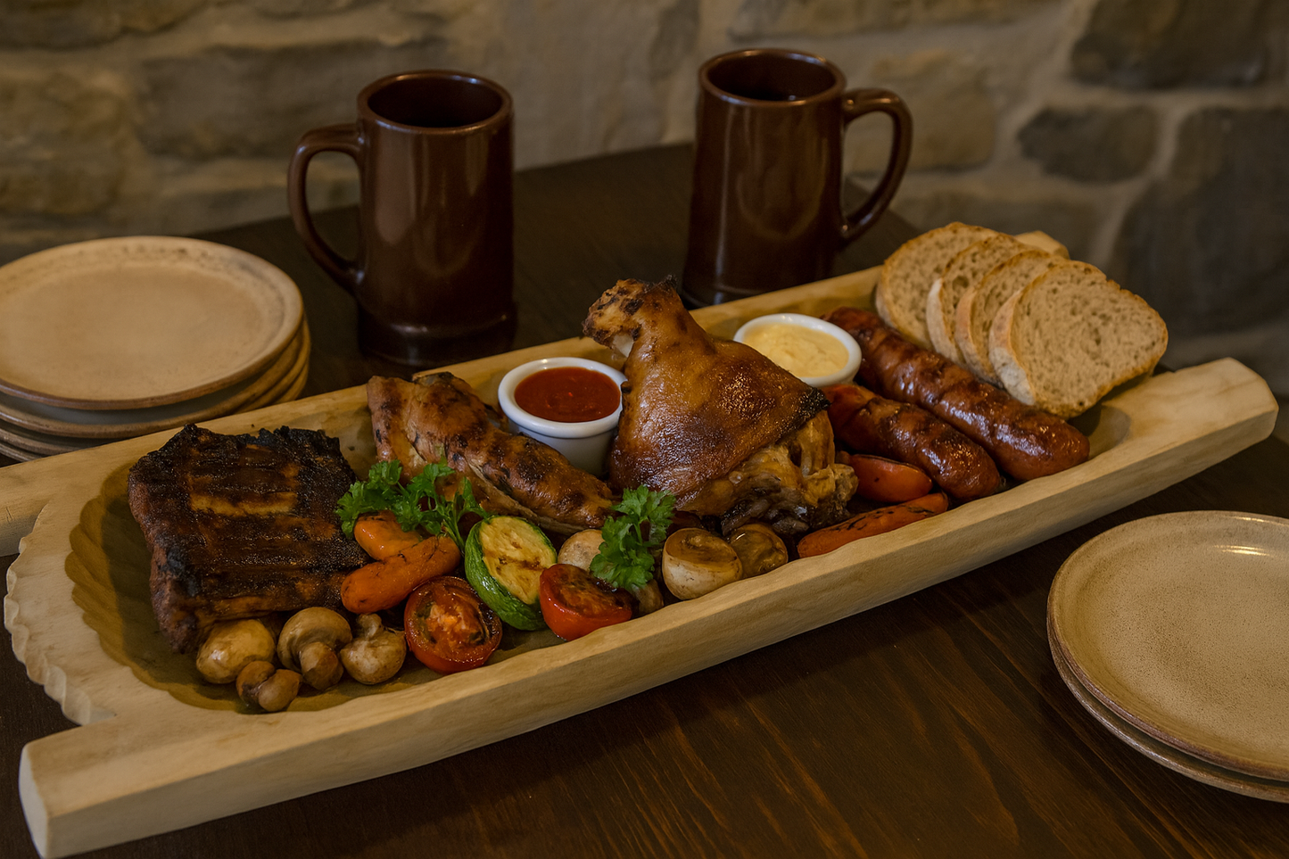 Bardzo duże drewniane koryto biesiadne o wymiarach 36×90 cm, wypełnione pieczonymi żeberkami, golonką, kiełbasą, grillowanymi warzywami, pieczywem i sosami. Koryto stoi na drewnianym stole w karczmie, obok kufle i talerze. Ciepłe, naturalne oświetlenie, realistyczny styl rustykalny.