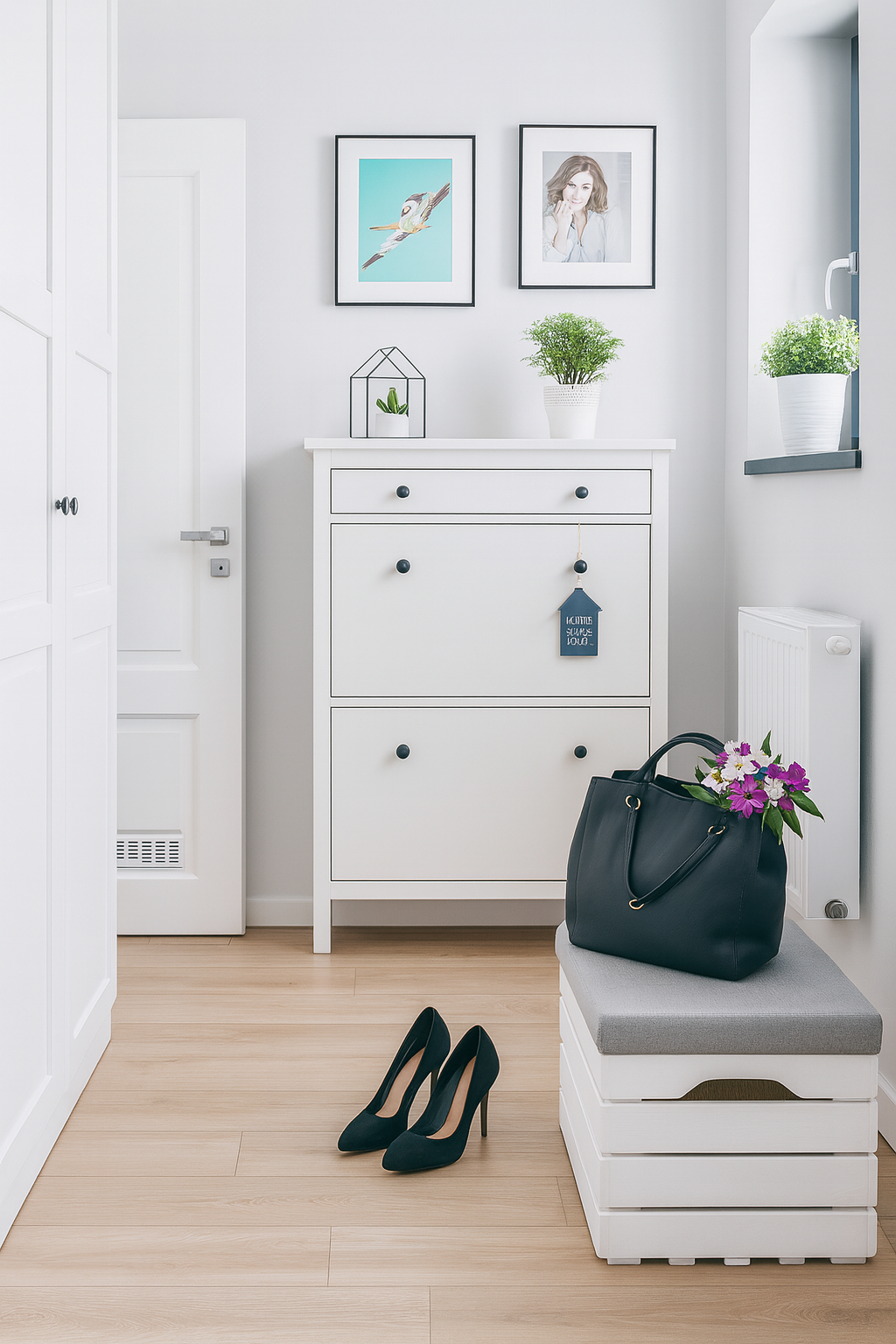 Jasny, minimalistyczny przedpokój w stylu skandynawskim z białymi meblami, drewnianą podłogą i dodatkami w szarości. Na środku stoi biała komoda z czarnymi uchwytami, na niej rośliny doniczkowe i grafiki na ścianie. Obok biała skrzynia z szarym siedziskiem, na niej czarna torebka z kwiatami, a na podłodze para czarnych szpilek.