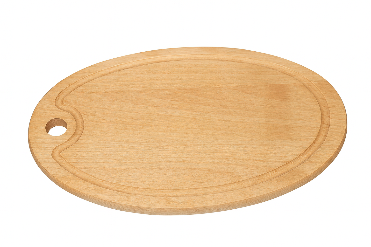 Elegancka owalna deska drewniana do krojenia i serwowania o długości 38 cm, wykonana z naturalnego drewna bukowego. Posiada rowek na soki oraz otwór do zawieszenia, idealna do codziennego użytku w kuchni i stylowego podawania potraw.