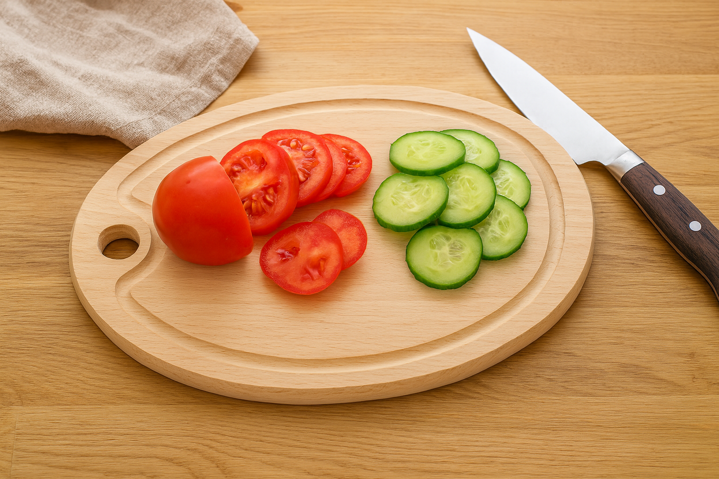Owalna deska bukowa do krojenia o wymiarach 38×29 cm z rowkiem i otworem na uchwyt. Na desce ułożone są plasterki pomidora i ogórka, obok leży nóż kuchenny oraz lniany ręcznik.