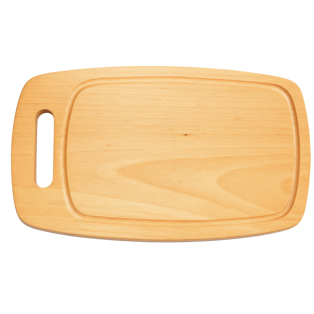 Drewniana deska kuchenna „Beczka” z rowkiem i uchwytem, wykonana z jasnego drewna bukowego. Gładka powierzchnia, zaokrąglone krawędzie, prostokątny kształt z delikatnym zaobleniem boków – idealna do krojenia i serwowania.