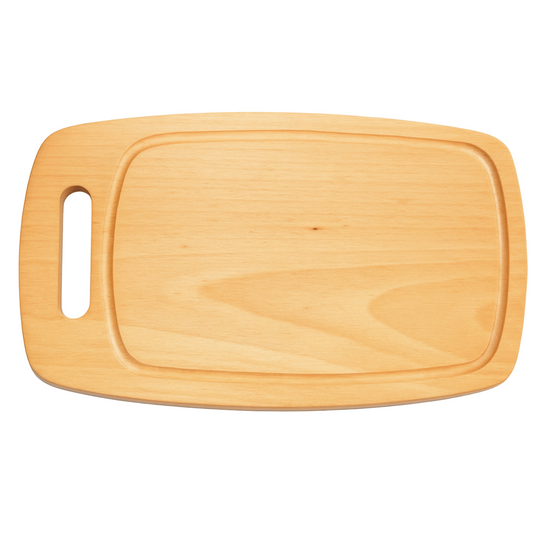 Drewniana deska kuchenna „Beczka” z rowkiem i uchwytem, wykonana z jasnego drewna bukowego. Gładka powierzchnia, zaokrąglone krawędzie, prostokątny kształt z delikatnym zaobleniem boków – idealna do krojenia i serwowania.