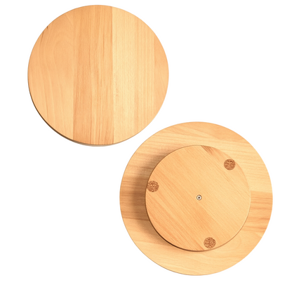 Dwie okrągłe drewniane deski obrotowe z buku na białym tle – jedna pokazana od góry, druga od spodu z widoczną podstawą i korkowymi podkładkami. Naturalny kolor drewna, gładkie wykończenie.