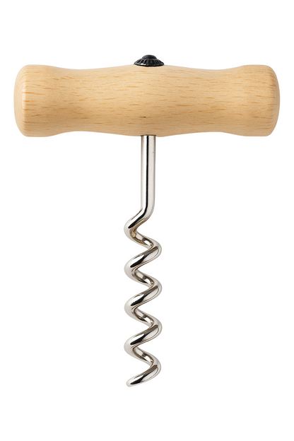Korkociąg z drewnianą, ergonomiczną rączką i metalową spiralą do otwierania butelek z winem. Produkt przedstawiony na białym tle, w delikatnym świetle, idealny do zdjęć e-commerce. Chłopcy z Rancza.