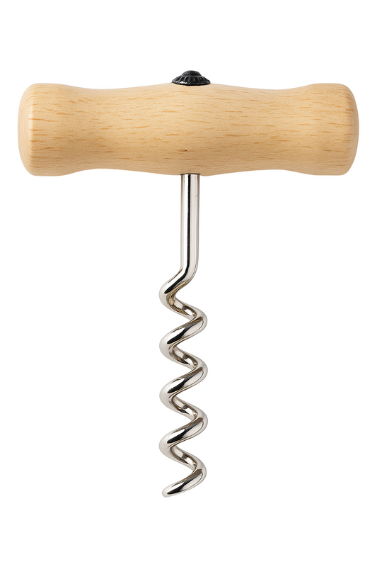 Korkociąg z drewnianą, ergonomiczną rączką i metalową spiralą do otwierania butelek z winem. Produkt przedstawiony na białym tle, w delikatnym świetle, idealny do zdjęć e-commerce. Chłopcy z Rancza.