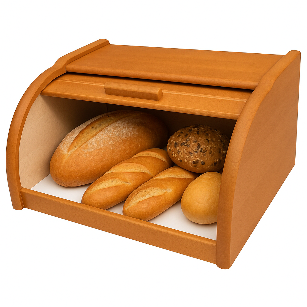 Drewniany chlebak z drewna olchowego o ciepłym, miodowym odcieniu, z otwartą roletką i wypełniony świeżym pieczywem – bochenkiem chleba, bułkami i rogalikiem. Produkt kuchenny w naturalnym stylu, sfotografowany na białym tle – Chłopcy z Rancza.