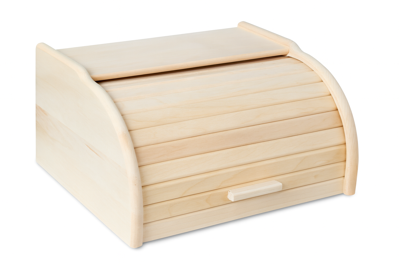 Drewniany chlebak kuchenny z rolowaną pokrywą, wykonany z jasnego, naturalnego drewna. Prosty i elegancki design z widocznym usłojeniem drewna, idealny do przechowywania pieczywa w rustykalnej lub nowoczesnej kuchni. Produkt Chłopcy z Rancza.