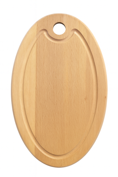 Elegancka Drewniana Deska do Krojenia i Serwowania Owalna 35 cm – naturalna deska bukowa z rowkiem, idealna do krojenia i podawania potraw, stylowa i funkcjonalna w każdej kuchni.