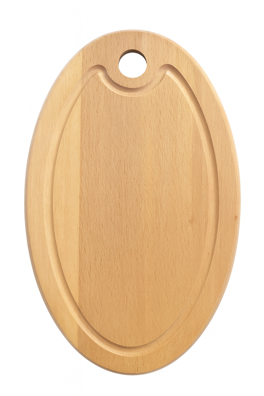 Elegancka Drewniana Deska do Krojenia i Serwowania Owalna 35 cm – naturalna deska bukowa z rowkiem, idealna do krojenia i podawania potraw, stylowa i funkcjonalna w każdej kuchni.
