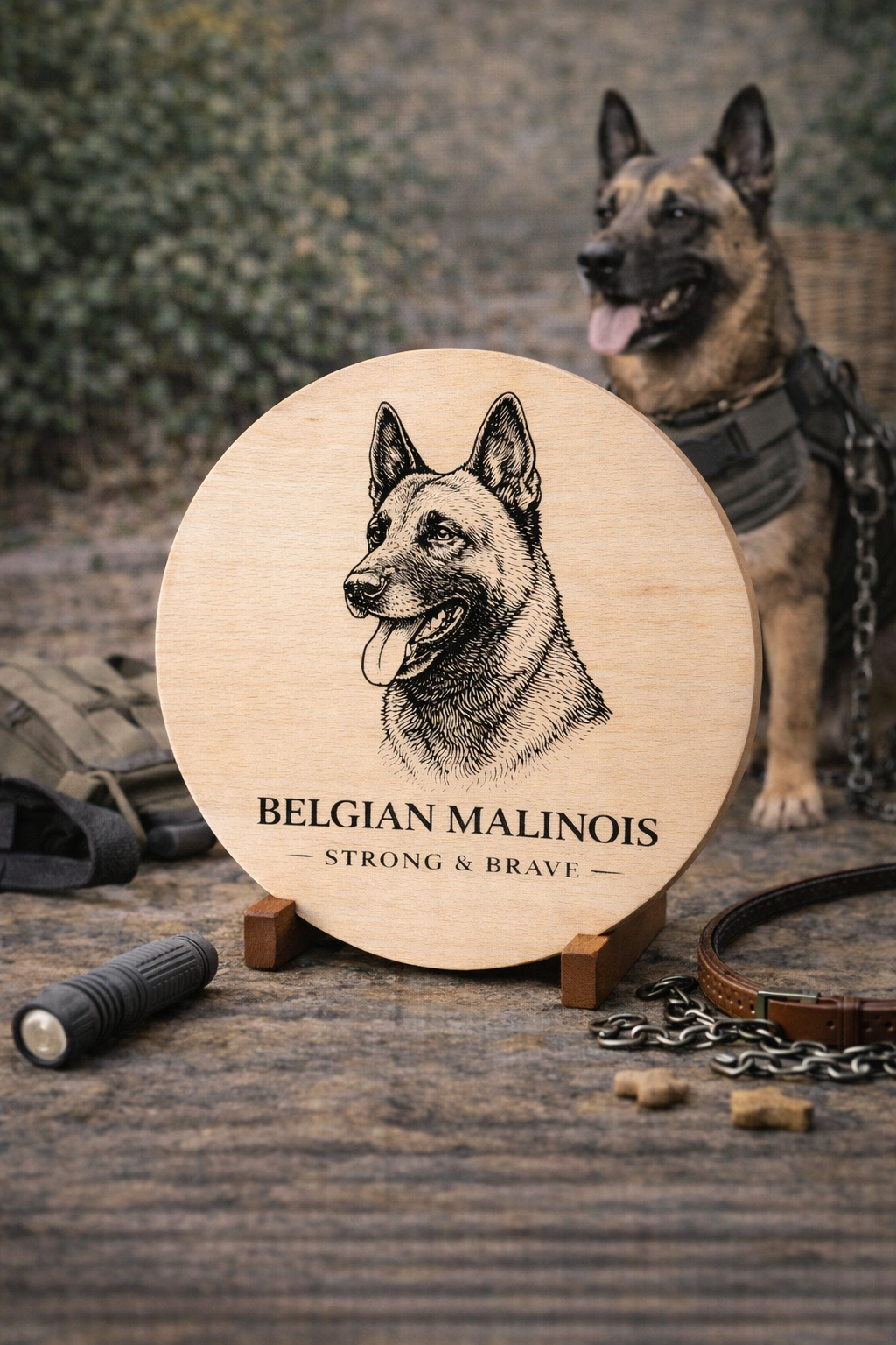 Drewniana deska z grawerem Belgian Malinois – okrągła deska dekoracyjna dla miłośników psów i właścicieli tej rasy
