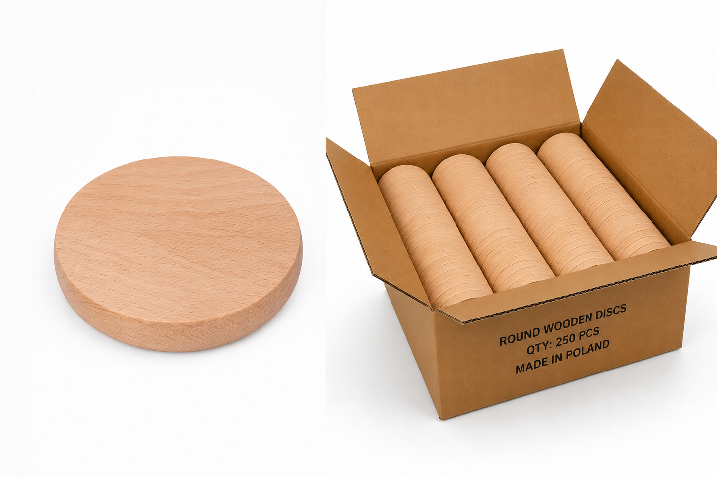 Bulk Box 10 cm – okrągłe deski bukowe do graweru i personalizacji w kartonie zbiorczym 250 szt., drewniane blanki B2B made in Poland