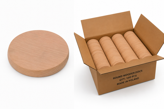 Bulk Box 16 cm – okrągłe deski bukowe do graweru i personalizacji w kartonie zbiorczym 160 szt., drewniane blanki B2B made in Poland