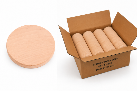 Bulk Box 14 cm – okrągłe deski bukowe do graweru i personalizacji w kartonie zbiorczym 125 szt., drewniane blanki B2B made in Poland