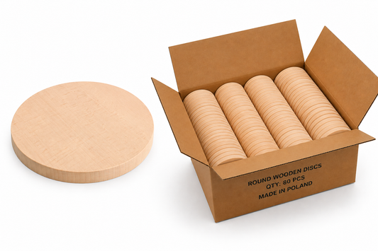 Bulk Box 18 cm – okrągłe deski bukowe do graweru i personalizacji w kartonie zbiorczym 80 szt., drewniane blanki B2B made in Poland