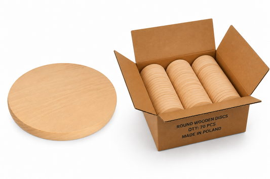 Bulk Box 20 cm – okrągłe deski bukowe do graweru i personalizacji w kartonie zbiorczym 70 szt., drewniane blanki B2B made in Poland