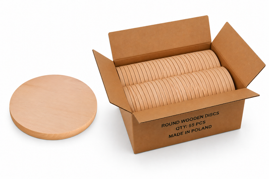 Bulk Box 22 cm – okrągłe deski bukowe do graweru i personalizacji w kartonie zbiorczym 55 szt., drewniane blanki B2B made in Poland