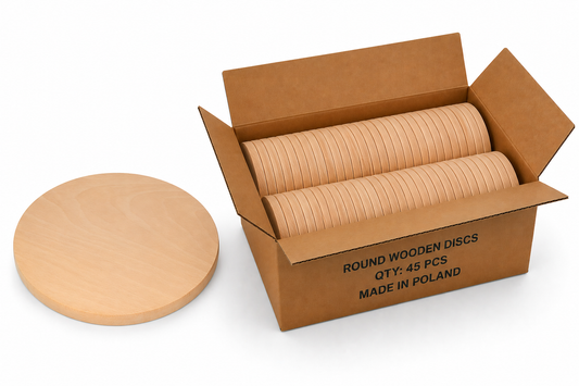 Bulk Box 25 cm – okrągłe deski bukowe do graweru i personalizacji w kartonie zbiorczym 45 szt., drewniane blanki B2B made in Poland