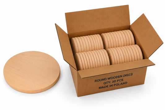 Bulk Box 25 cm – okrągłe deski bukowe do graweru i personalizacji w kartonie zbiorczym 30 szt., drewniane blanki B2B made in Poland