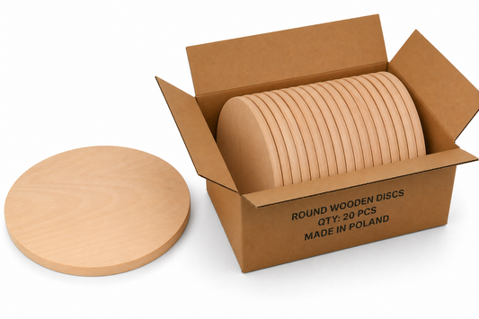 Bulk Box 35 cm – okrągłe deski bukowe do graweru i personalizacji w kartonie zbiorczym 20 szt., drewniane blanki B2B made in Poland