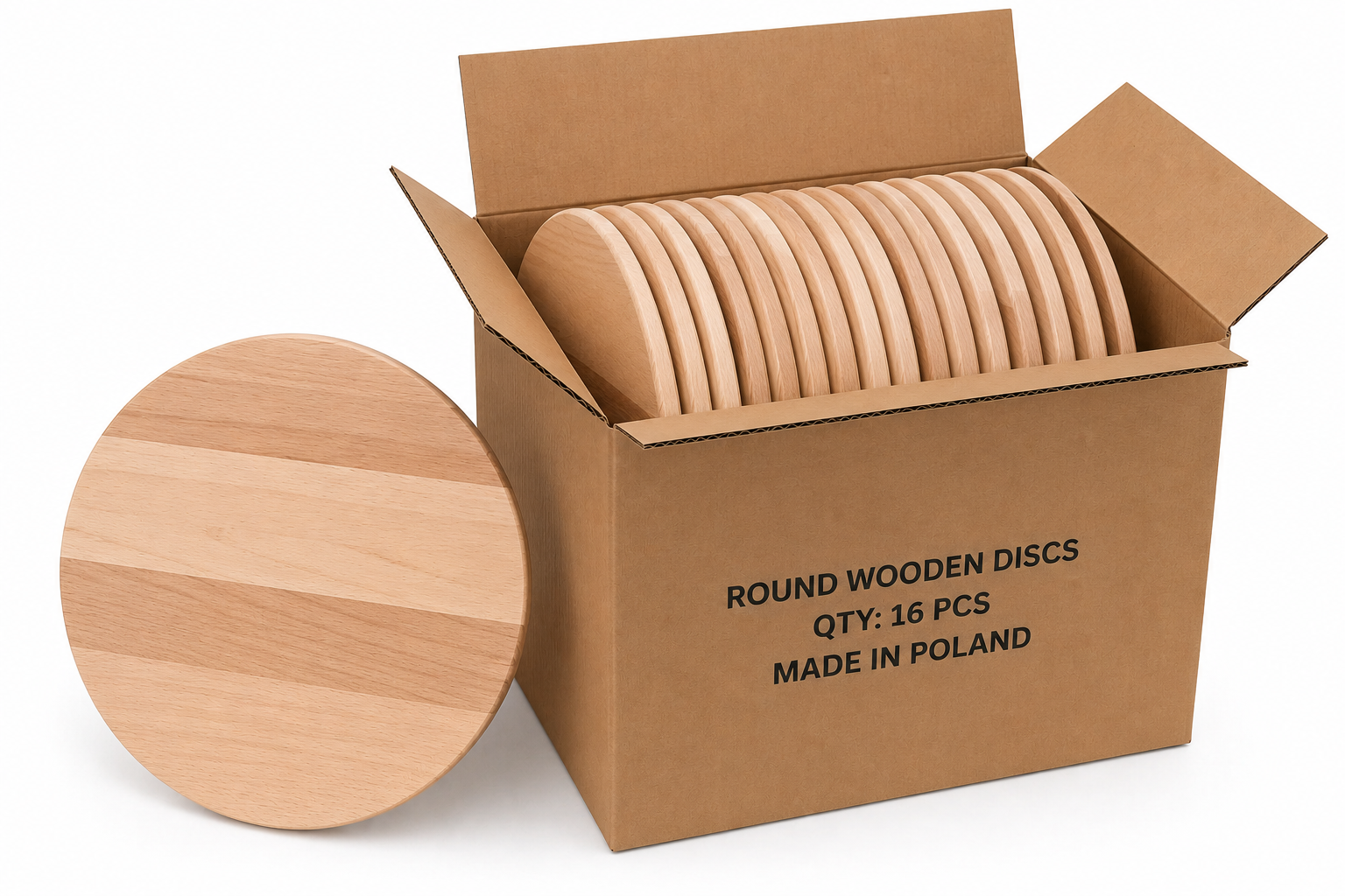 Bulk Box 40 cm – okrągłe deski bukowe do graweru i personalizacji w kartonie zbiorczym 16 szt., drewniane blanki B2B made in Poland