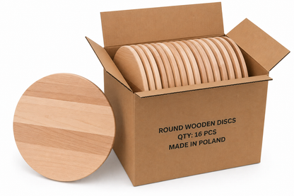 Bulk Box 40 cm – okrągłe deski bukowe do graweru i personalizacji w kartonie zbiorczym 16 szt., drewniane blanki B2B made in Poland