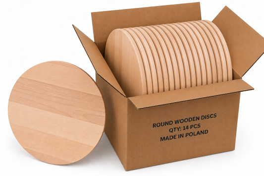 Bulk Box 45 cm – okrągłe deski bukowe do graweru i personalizacji w kartonie zbiorczym 14 szt., drewniane blanki B2B made in Poland
