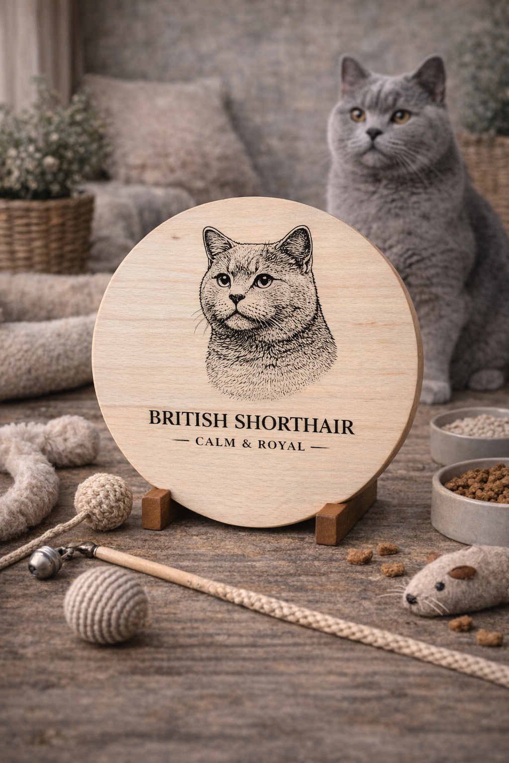 Deska drewniana z grawerem kota British Shorthair – dekoracyjna okrągła deska dla miłośników kotów