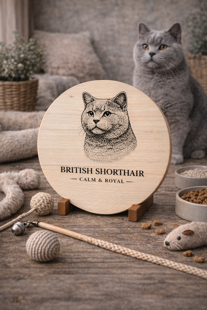 Deska drewniana z grawerem kota British Shorthair – dekoracyjna okrągła deska dla miłośników kotów