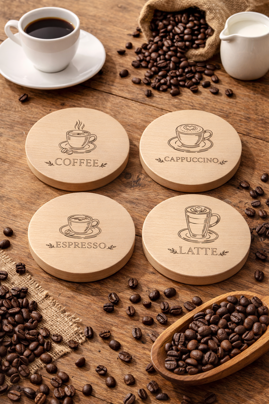 Bukowe podkładki pod kubek z grawerem Coffee Latte Cappuccino Espresso w aranżacji z filiżanką kawy