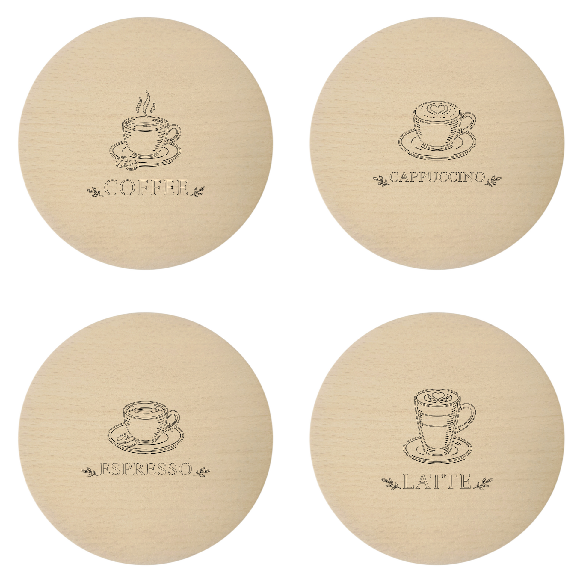 Drewniane podkładki pod kubek z grawerem Coffee Latte Cappuccino Espresso – zestaw bukowych podkładek 10 cm