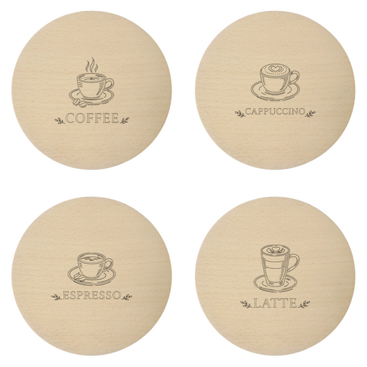 Drewniane podkładki pod kubek z grawerem Coffee Latte Cappuccino Espresso – zestaw bukowych podkładek 10 cm