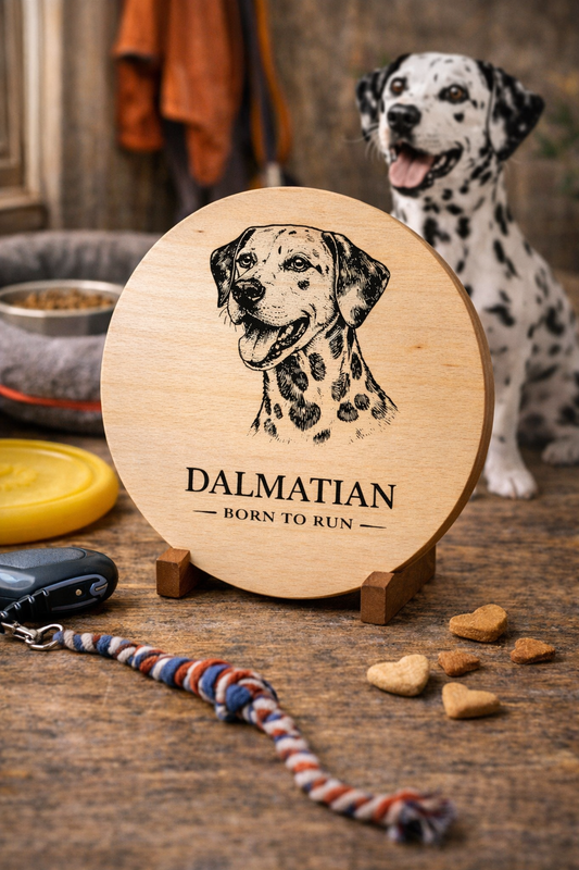Drewniana deska z grawerem psa Dalmatyńczyk – okrągła deska dekoracyjna dla miłośników tej rasy